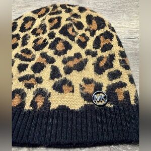 Michael Kors, 100% Acrylic Leopard Print Beanie with MK Logo Medallion